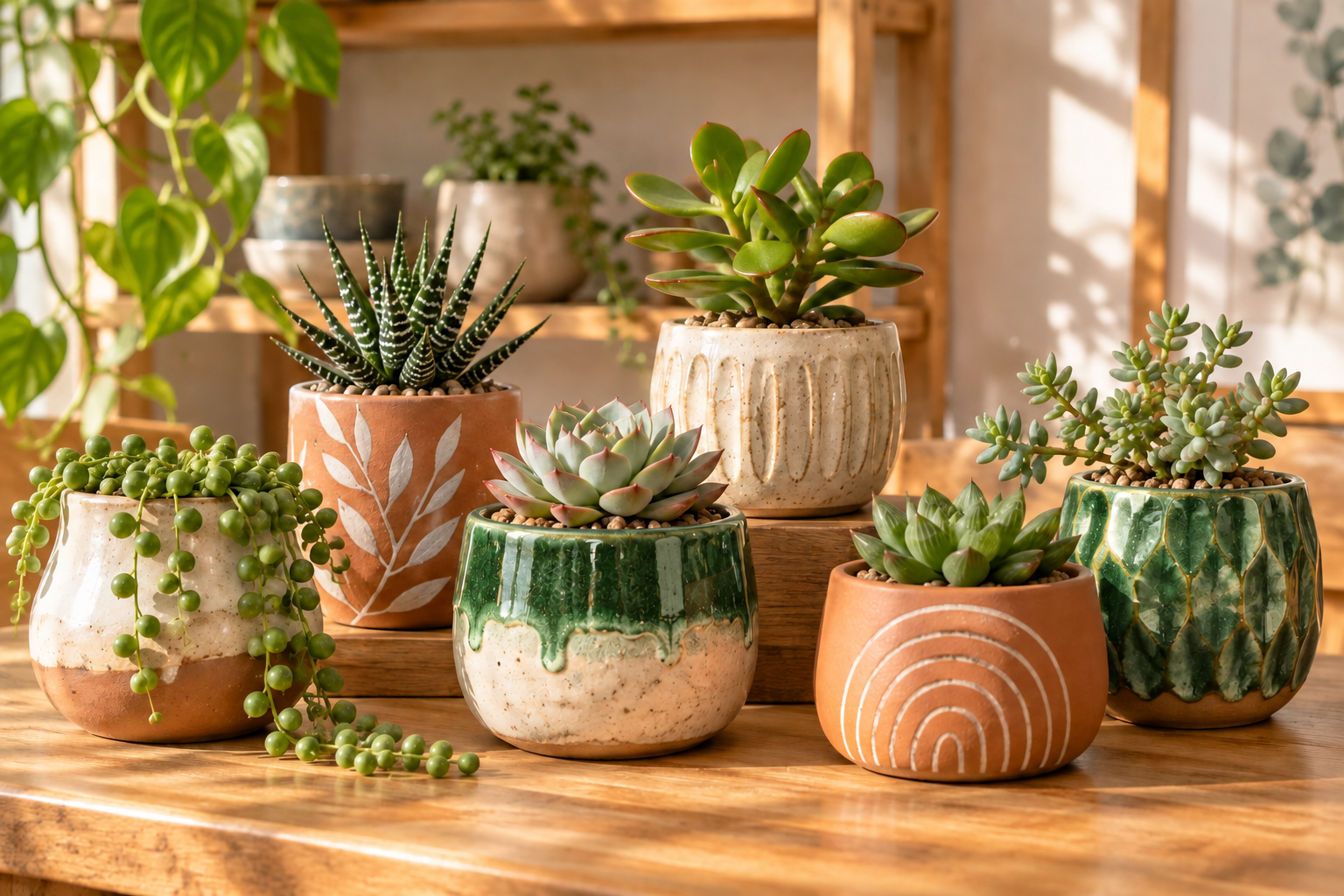 Handmade green and terracotta pots planted with indoor succulents